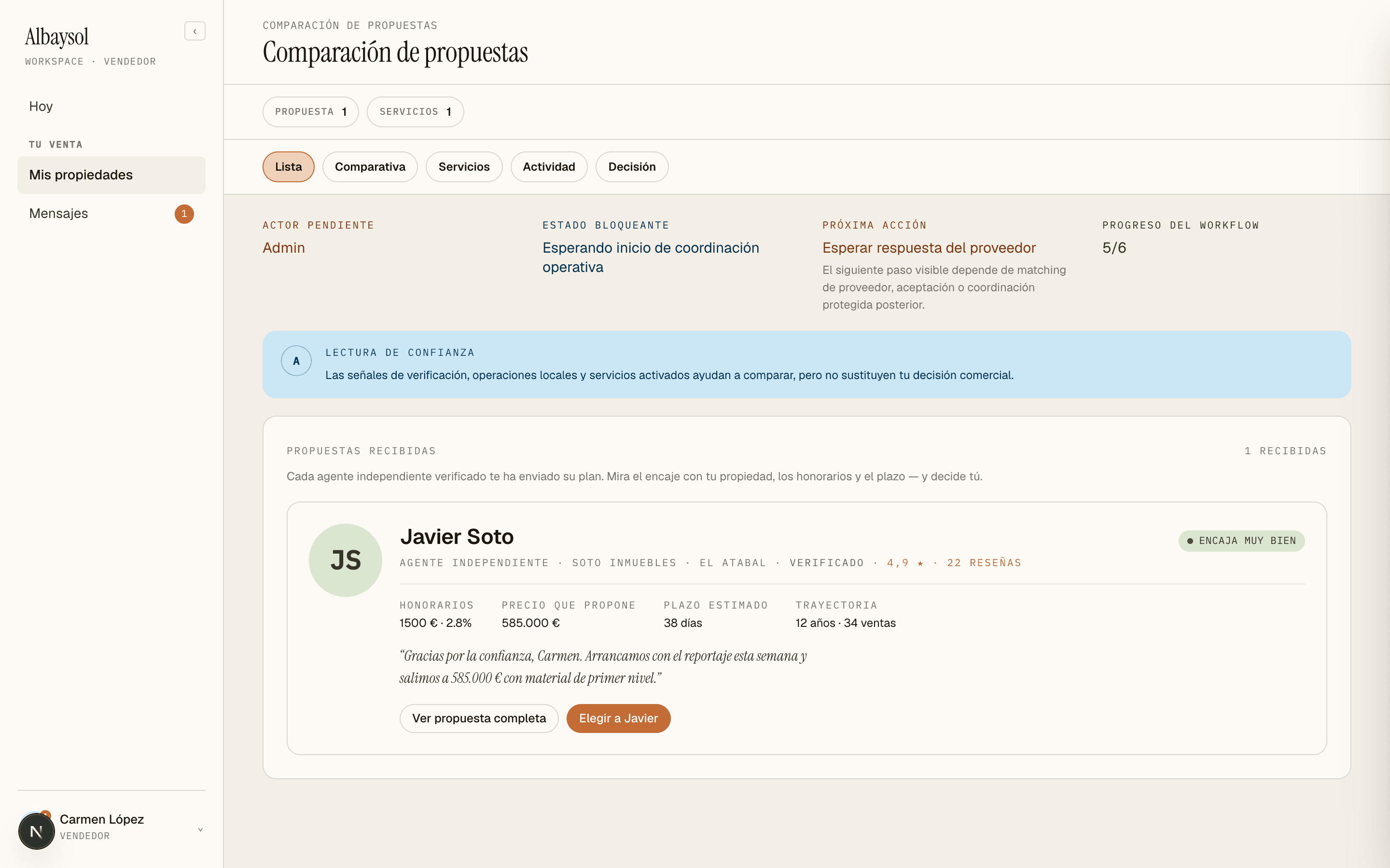 El comparador de propuestas del vendedor